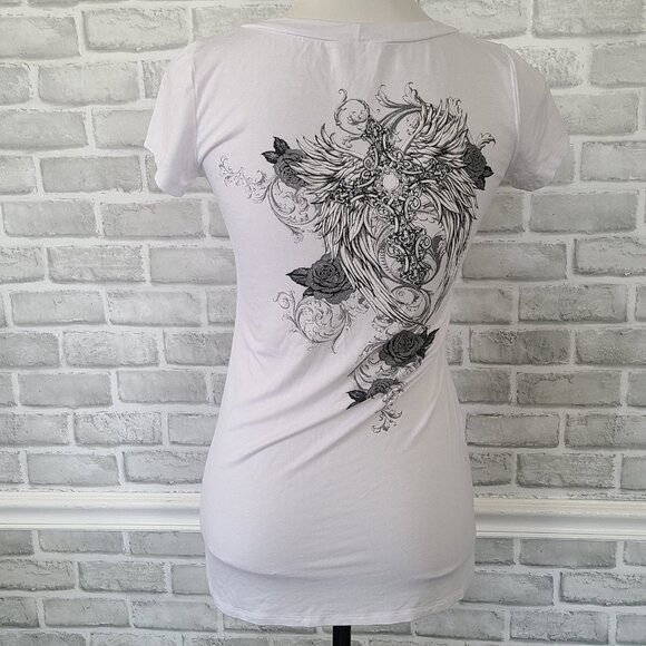 Vintage Made in USA Graphic T-shirt Wings Roses Cross Goth Streetwear Sequined L - Picture 2 of 8